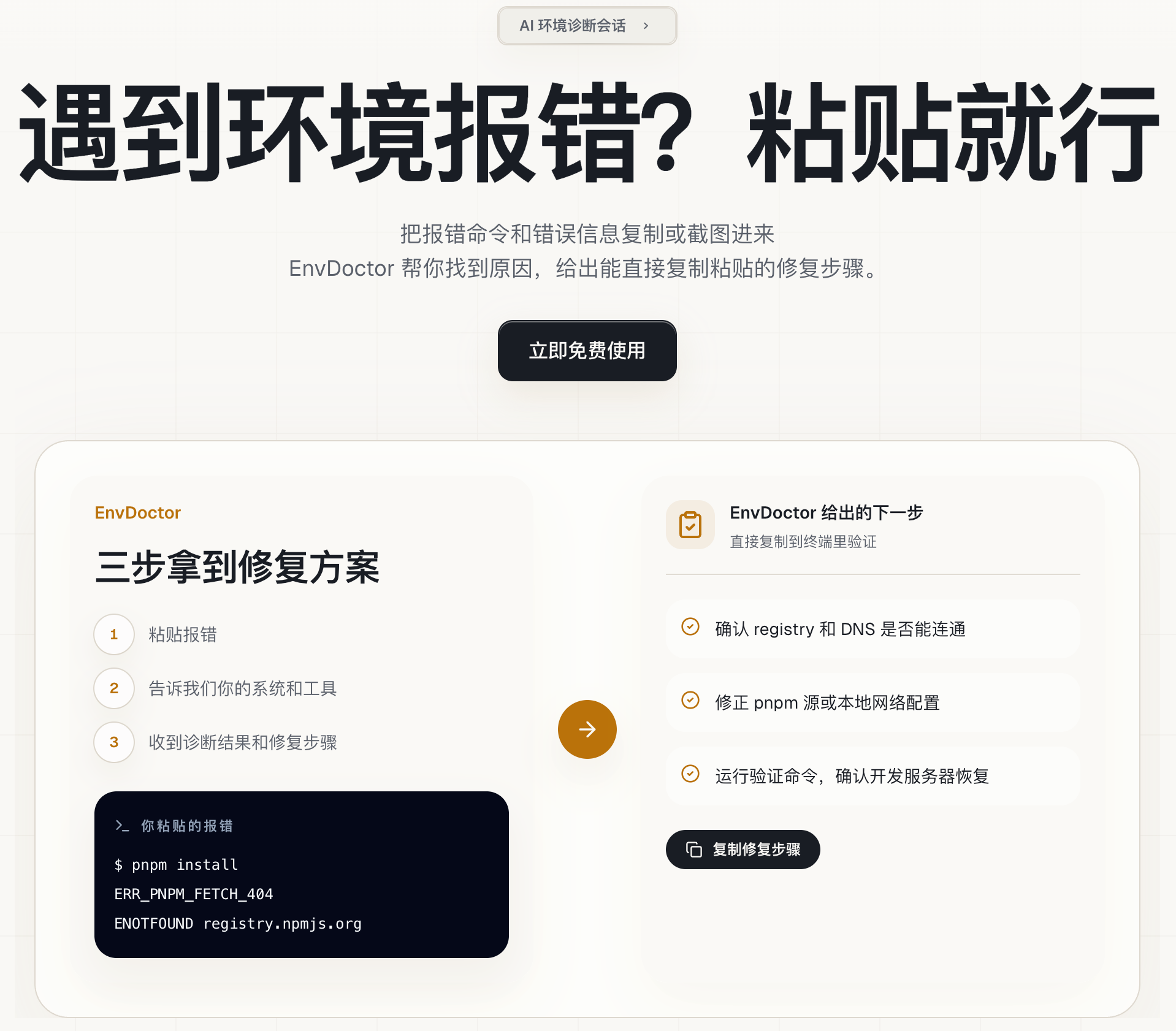 EnvDoctor 项目截图：AI 环境报错诊断工具首页与三步修复方案界面